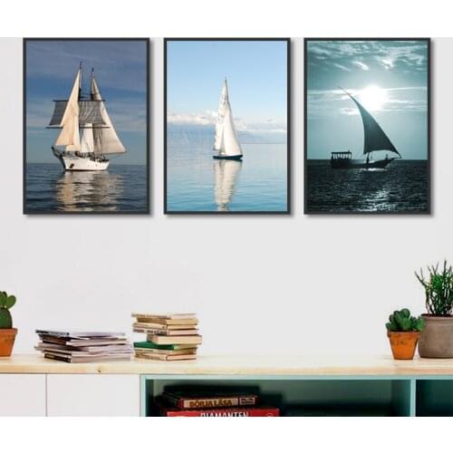 Blue Sea Sailboat Wall Art Landscape Canvas Paintings Print Picture Home Decor Poster For Living Room Bedroom