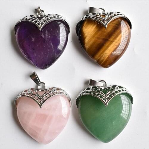 Wholesale 4pcs/lot 2020 New good quality Romantic silver plated natural stone mixed heart shape pendants 30mm for jewelry making