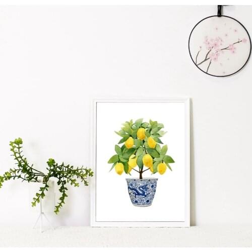 Lemon Print Chinoiserie Planter Bonsai Canvas Painting Zen Decor Oriental Art Blue White Willow Style Lemon Poster Kitchen Decor