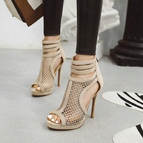 Sianie Tianie 2020 summer peep toe woman boots sandals hallow cut out mesh net sexy platform thin high heels gladiator sandals