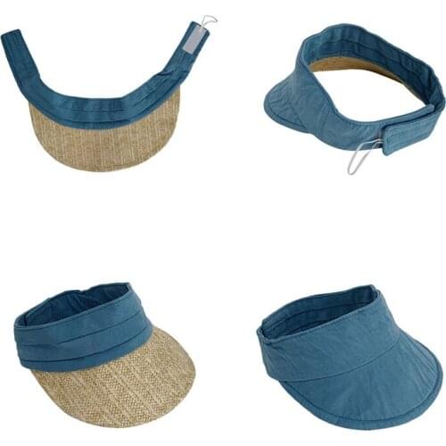 VRIGINER Straw Woven Cotton And Linen Double-sided Hat Women Summer Outing Empty Top Sun Hat Adjustable Beach Anti-UV Sun Visor