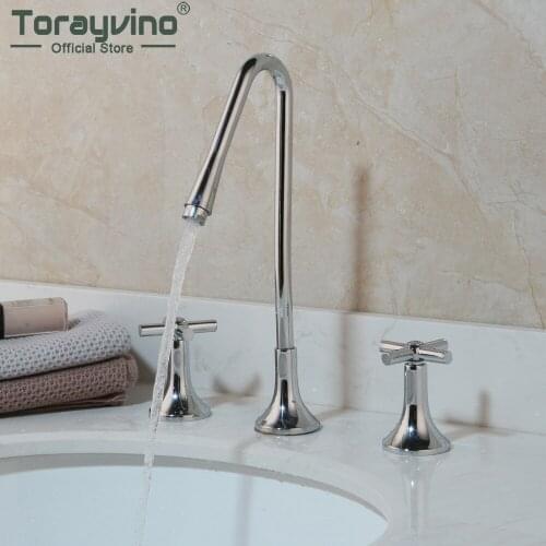 Torayvino Chrome Polished 3 Pcs Dual Handles Bathroom Faucet Bathtub Deck Mounted Basin Sink Faucet Hot And Cold Mixer Water Tap