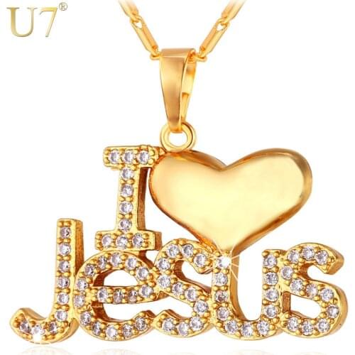U7 Necklace CZ Jesus Heart Pendant & Chain "I Love Jesus" Gift For Women/Men Silver/Gold Color Christian Jewelry Necklaces P610
