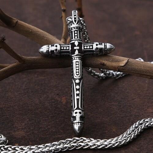 Vintage Christian Skull Cross Necklace For Men Cross Stainless Steel Necklace Pendant Punk Hip Hop Fashion Mens Chain Gift