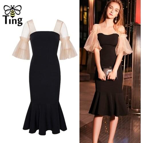 Tingfly Vintage Elegant Mermaid Dinner Night Party Dresses Midi Long Sheer Sleeve Summer Retro Office Work Dress Summer Elbise M