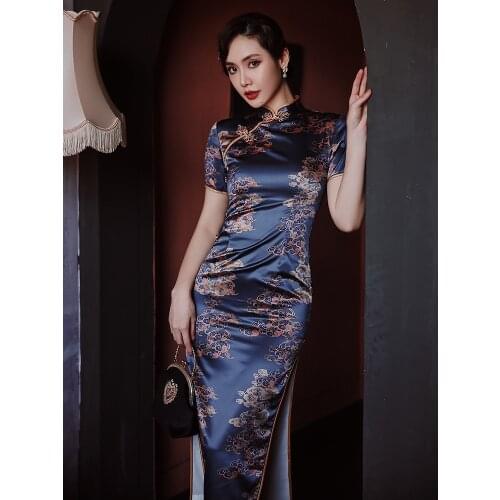 High-End Blue Women Qipao Oriental Dress Old Shanghai Retro Sexy Cheongsam Chinese Traditional Summer New Slim Banquet Dress