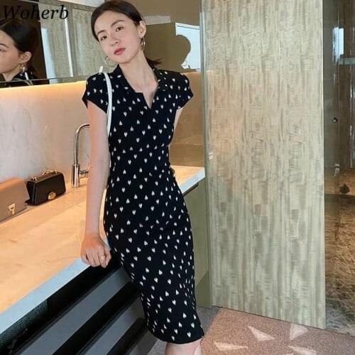 Woherb Knitted Sexy Vestidos Elegant Heart Print Black Dress Chic 2021 V-Neck Bodycon Pencil Robe Women All Match Dresses Femme