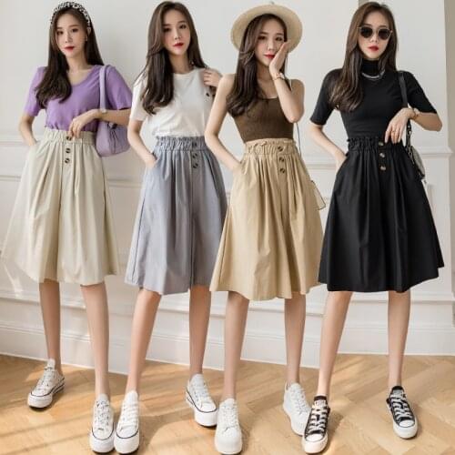 Wide Leg Pants Skirt 2021 Summer Loose Korean High Waist Button Women Clothes Black Blue Womens Casual Elastic Waist