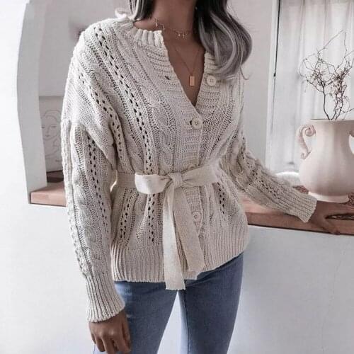 Women Cardigan Knitted Sweater 2021 Autumn Winter Long Sleeve Solid Sweaters Coat & Jackets with Belt