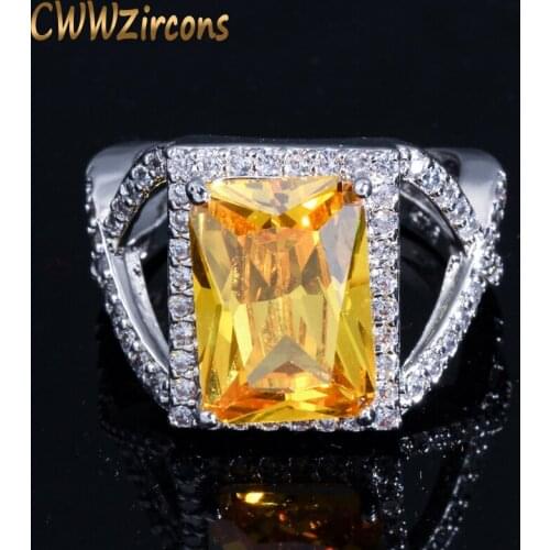 CWWZircons Elegant Princess Cut Solitaire Female Big Yellow Crystal Wedding Band Jewelry Ring With Cubic Zirconia Stones R019