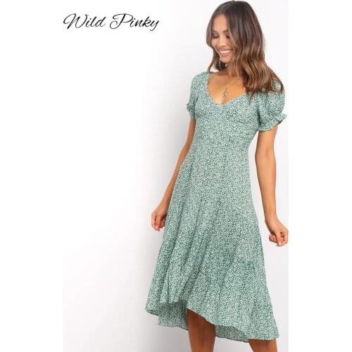 WildPinky Women Dress 2020 New Summer Boho Floral Print V-Neck Midi Dress Lantern Sleeve Vacation Beach Dresses Ladies Vestidos