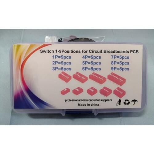 45PCS-9Values*5pcs 2.54MM DIP Switch red flat dial 1Position-9Pin 1pin/2p/3p/4p/5p/6p/7p/8p/9pin Connector Kit on Circuitboard