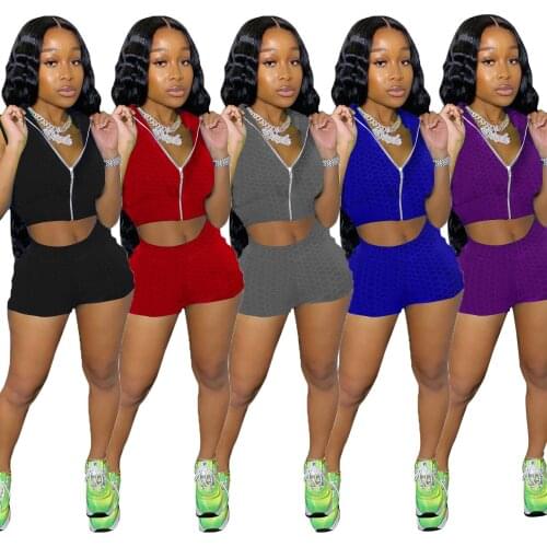 Active Workout Tracksuit Women Set Solid Zipper Sleeveless Crop Tops Elastic Biker Shorts 2 Two Piece Set Sportswear Outfits
