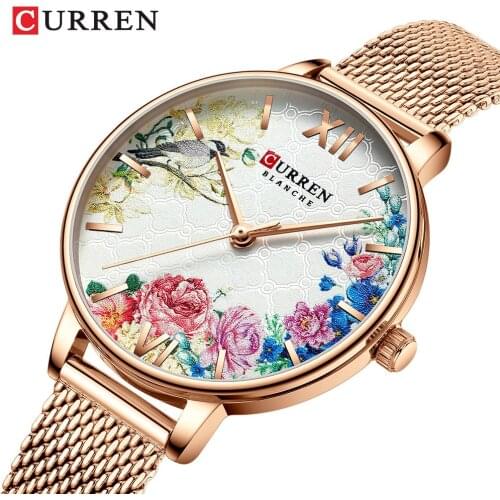 Curren Top Luxury Ladies Rose Gold Watch Women Golden Clock Female Women Dress Flower Pattern Quartz Waterproof Watches Feminine