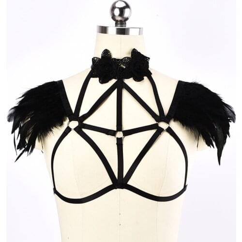 Black Feather Shrug Tops Harness Sexy Feather Epaulet Bondage Lingerie Women Lady Body Cage Bralette Cosplay Burlesque Lingerie