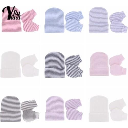 Yundfly Baby Comfortable Warm Knitting Striped Hat and Glove Set Newborn Anti-eat Hand Anti-Grab Face Protect Mitten Photo Props