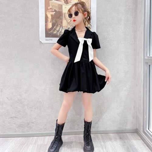 Kids Suits Girls Clothing College Style Bowknot Black White Blazer Dress One-Piece 2021 Summer New Children Outfits Teen Clothes