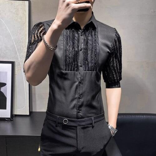 Fashion Mens Lace Patchwork Dress Shirt Men Slim Fit Autumn Half Sleeve Shirts Men Solid Black white Blouse Men Harajuku Shirt