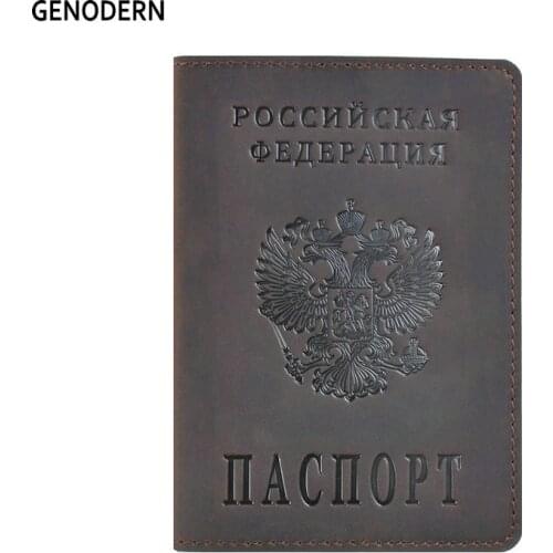 GENODERN Russian Passport Cover Travel Wallet Genuine Crazy Horse Leather Passport Holder for Men & Women Passport Covers Case