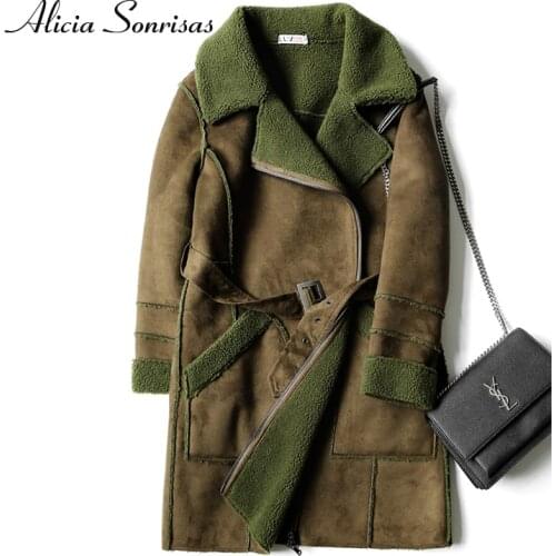 Womens Winter Long Faux Sheepskinn Coat Warm Suede Jacket Loose Street Lamb Fur Warm Motorcycle Biker Parkas With Belt U3702