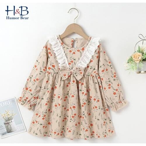 Humor Bear Girls Dress New Autumn Long-Sleeve Floarl Printed Bow Princess Dress Toddler Kids Clothes