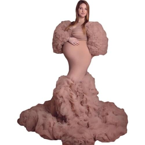 Pregnant Shawl Dresses Photo Robes Sexy V Neck Long Sleeve Lace Mermaid Gowns Custom Made Bathrobe Mesh Photo Shoot Gowns