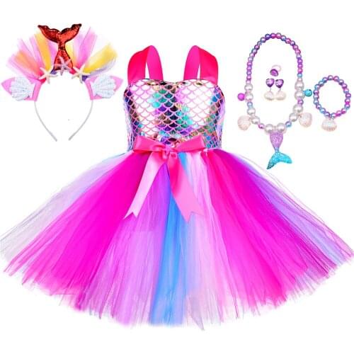 Mermaid Dress for Girls Birthday Party Tulle Princess Tutu Dress Up Set Halloween Holiday Fancy Kids Mermaid Costume Outfit 1-8Y