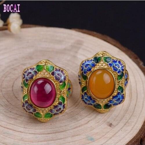S925 silver plated gold female models burnt blue peony chalcedony womans ring