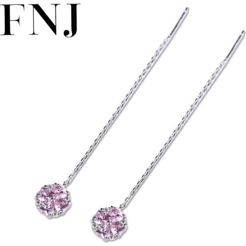 FNJ 925 Silver 7cm Long Drop Earrings for Women Jewelry 100% Pure Original S925 Silver Sterling Earring Cherry Tree Cubic Zircon