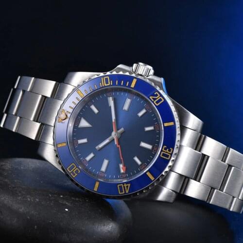 Sterile blue face strip nail Mens Automatic Mechanical Watch Ceramic Bezel Stainless Steel Silver Case