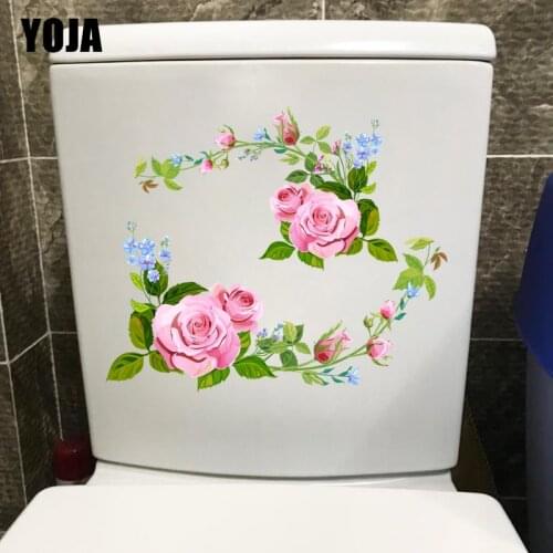 YOJA 23.8CM×20.1CM Pink Rose Wreath Toiler Sticker WC Accessories Home Room Wall Modern Decoration T1-2619