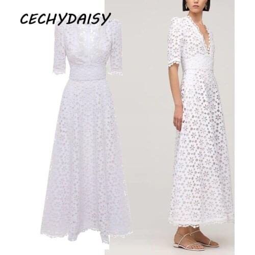 White Dress Women Sexy V Neck Runway 2021 Short Sleeve Hollow Out High Waist Elegant Vintage Traf Maxi Dresses Vestidos Clothing