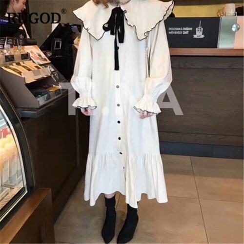 RUGOD Bow Loose Dress female Fashion spring long sleeve Ruffles hem women dress peter pan collar sweet long dress Vestidos femme