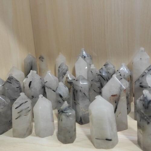 1000g 6-10cm Natural Crystal Black Rutiled Quartz Jet Stone White Point Wand Crystal Healing Gemstone Wand feng shui crystals