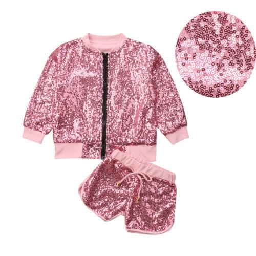 Fashion Toddler Girls Kids Sports Zipper Bling Bling Sequins Jacket+Shorts 2PCS Outfits Set