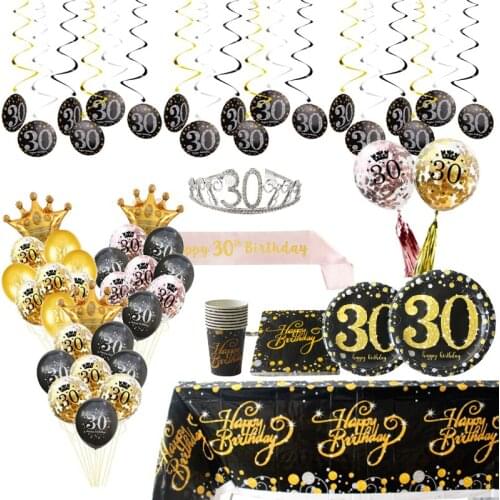 30 Years Birthday Disposable Tableware Balloon Adult Princess Crown Hair Accessories Banner Decor Adults Birthday Party Supplies