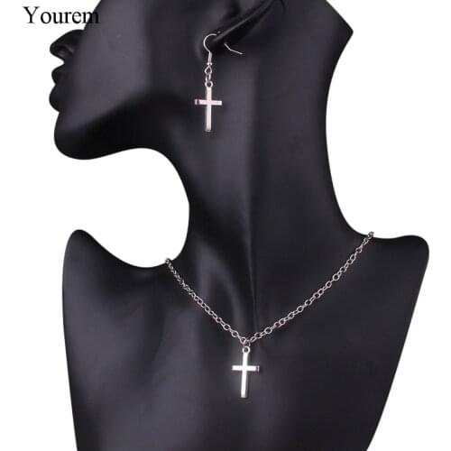 YOUREM stainless steel chain minimalist casual cross necklace for women cross earrings jewelry set antique silver color pendant