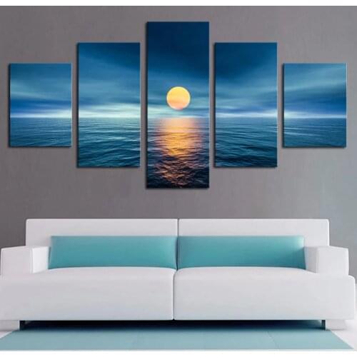 Canvas HD Print Painting Modular Pictures Art Poster 5 Panel Sea Full Moon Landscape Frame Wall Modern Home Decor Living Room