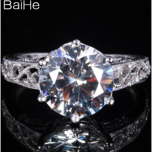 BAIHE Real Solid 14K White Gold Cubic Zirconia Ring Women Fine Jewelry Making Engagement Daily Wear Round Ring кольца кольцo