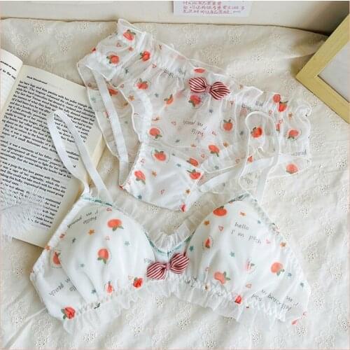 Girls Sweet Bras Set Japanese Underwear Women Cute Fruit Print Lingerie Soft Fresh Triangle Cup Breathable Mesh Lace Bra Briefs