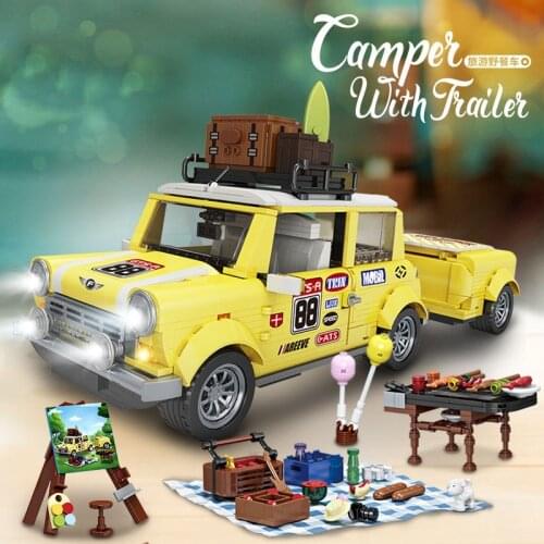 Tourist Picnic Car MOC Bricks Educational Toys for Kids Blocks Modular Trailer Tractor Building Blocks Transport Children Gift