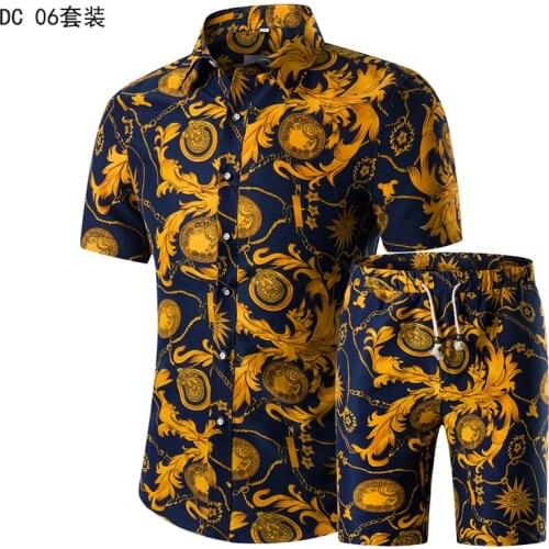 Summer Mens Fashion 2021 Gold Luxury Designer Shirts For Mens Set Fancy Hawaii Beachwear Floral Printed Mens Short Sleeve Club