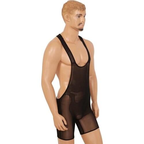Men Sexy Sheer Mesh Muscle Bodysuit Singlet Lingerie Sports Gym Leotard Jumpsuit Underwear Gay Fetish Costume