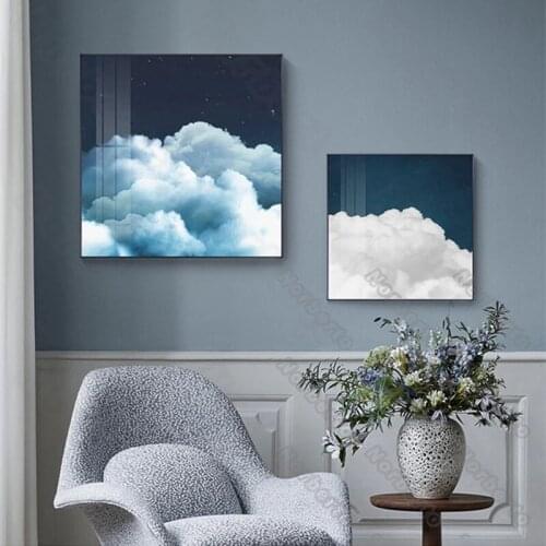 Modern Style Canvas Painting Wall Posters and Print Minimalist Pictures Blue and White Cloud At Night for Home Rooms Wall Decora
