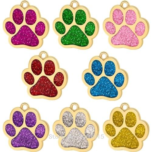 Wholesale 20Pcs Golden Personalized Dog ID Tags Engraved Cat Dog Puppy Pet ID Name Tag Pendant Pet Accessories Paw Glitter plate