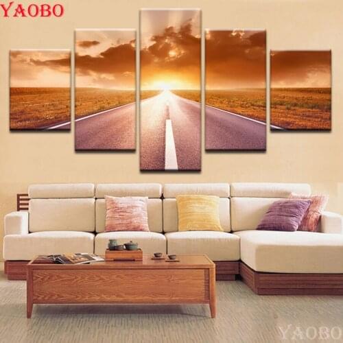 Full Round Square drills Diamond embroidery Sunset road landscape 5D DIY Diamond Painting Mosaic 5pcs/sets Home Decor