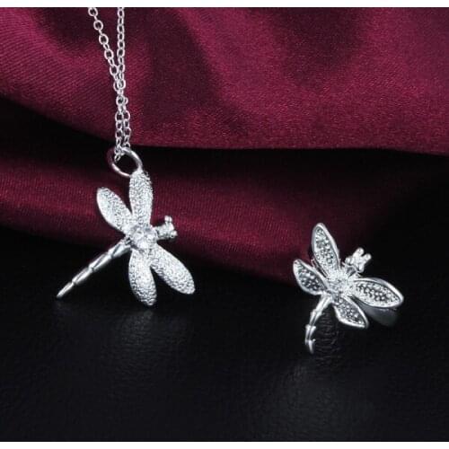 Factory direct Women Party wedding Fashion Jewelry set 925 sterling Silver Crystal dragonfly pendant necklace rings fine gifts
