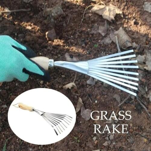 Garden Nine-tooth Rake Small Rake Flower Soil Rake Leaves Rake Wooden Nine-tooth Rake Rake Gardening Steel Rake Handle