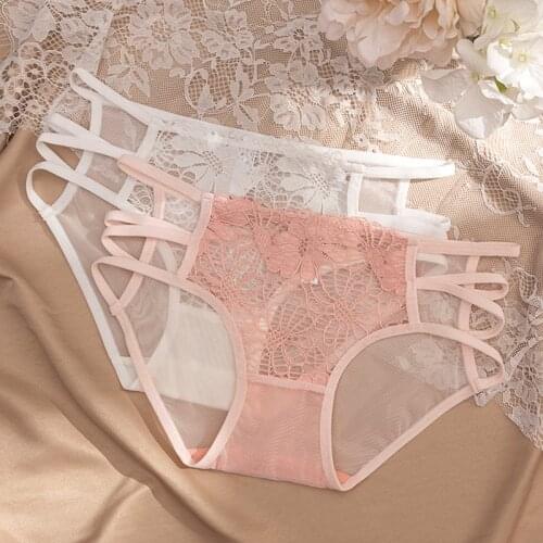 Sexy Transparent Panties Lace Embroidery Hollow Out Sex Underwear Womens Mesh Ultra Thin Womens Briefs Mid Rise Underpants Hot