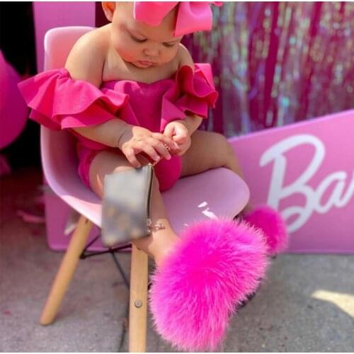 Summer Kids Fur Slippers Faux Fur Baby Flip Flops Cute Fur Shoes Fluffy Fox Fur Slides Flat Fake Fur Sandals New Home Slippers